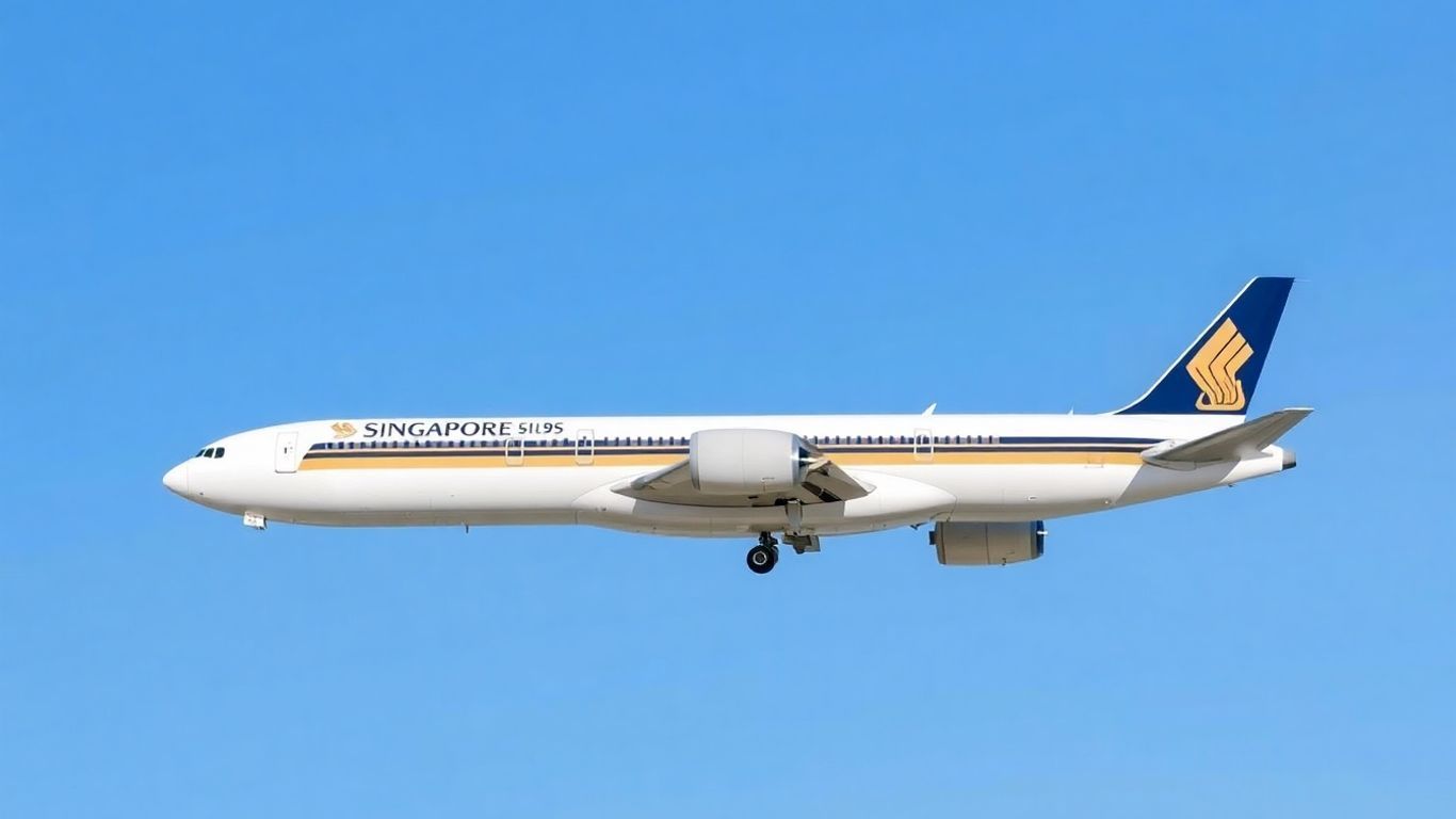 Singapore Airlines airplane flying in the sky.