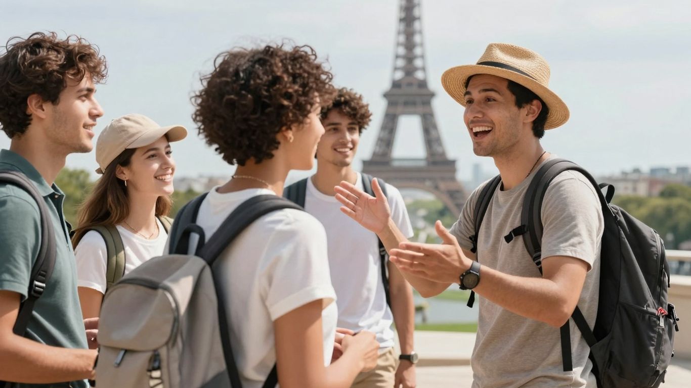 Tour guide interacting with happy tourists at a landmark.
