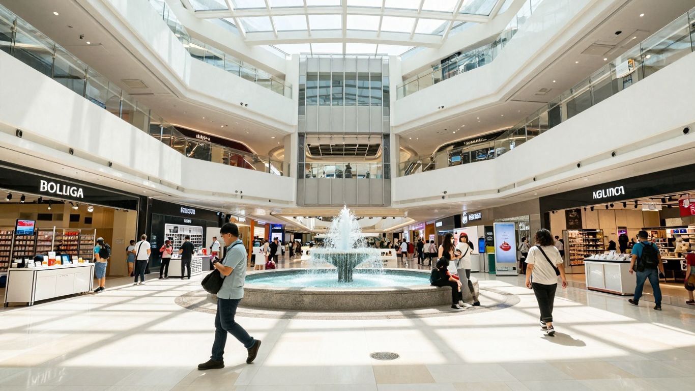 Interior view of Mid Valley Megamall with shoppers and natural light.