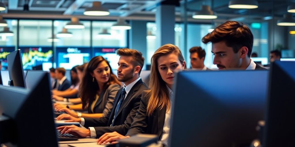 Busy bankers in modern office at computer.