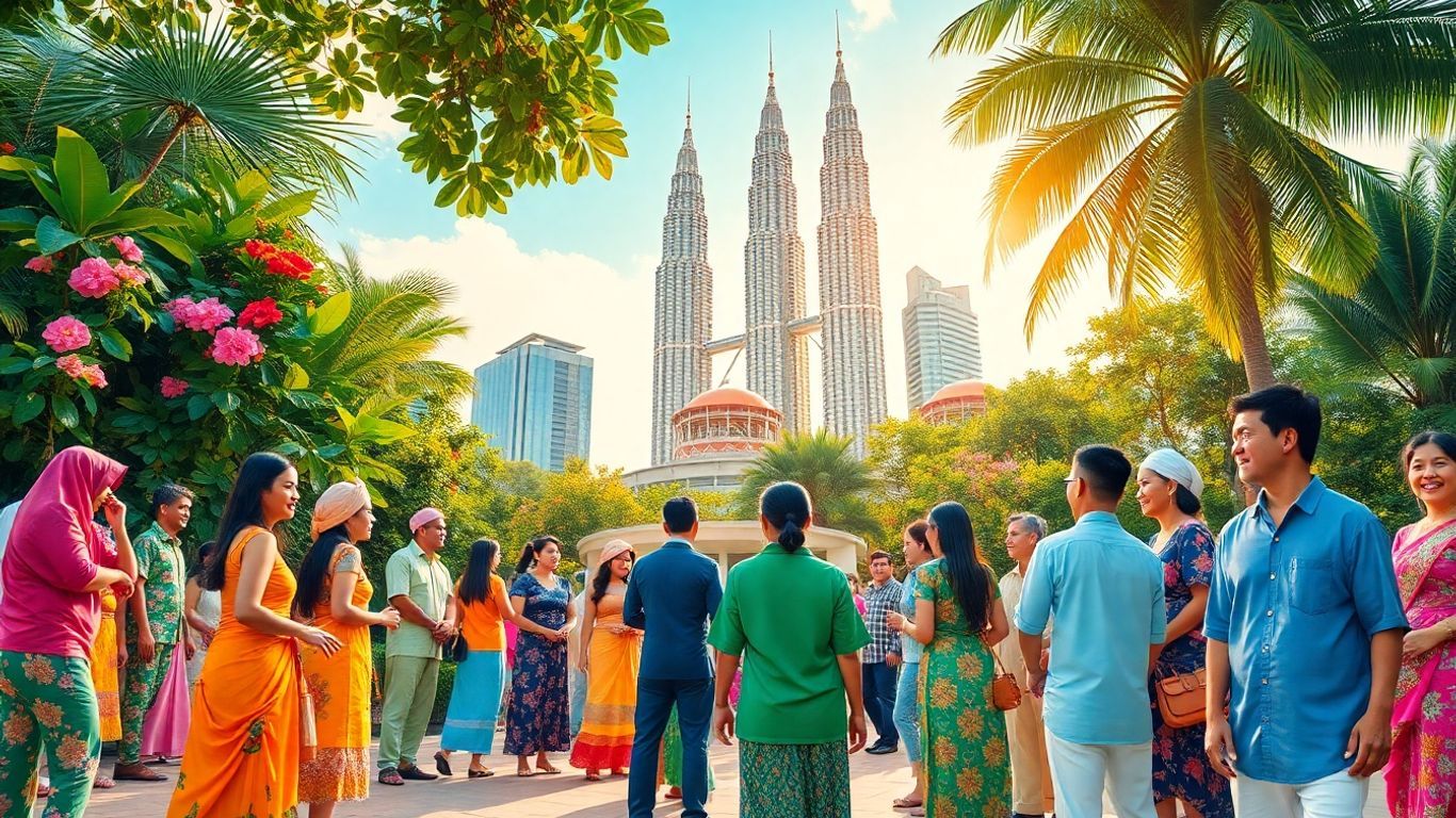 Diverse Malaysian people and landmarks in a vibrant collage.