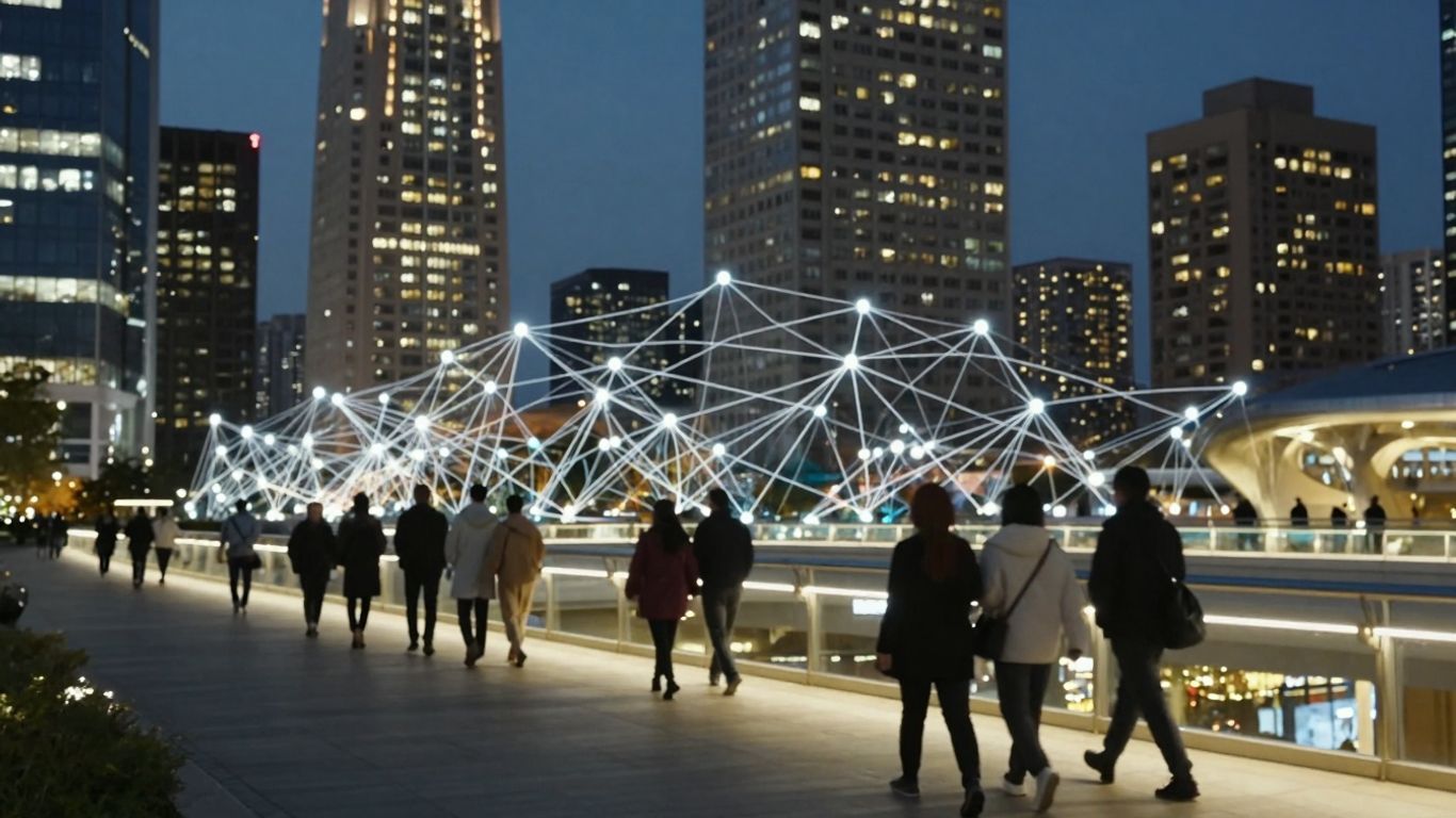 Futuristic Jamaican cityscape with digital connections.