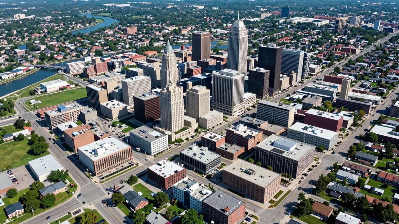 Aerial view of an Ohio city skyline and surrounding neighborhoods.