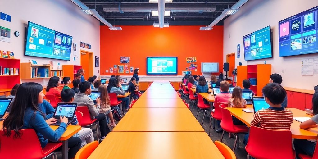 Modern classroom with students using technology and collaboration.