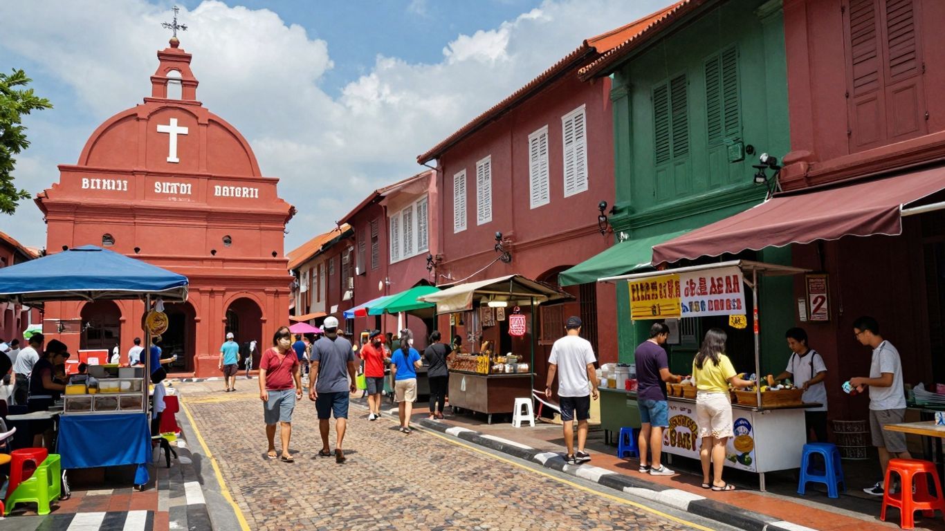 Melaka street scene with colonial buildings and food stalls.