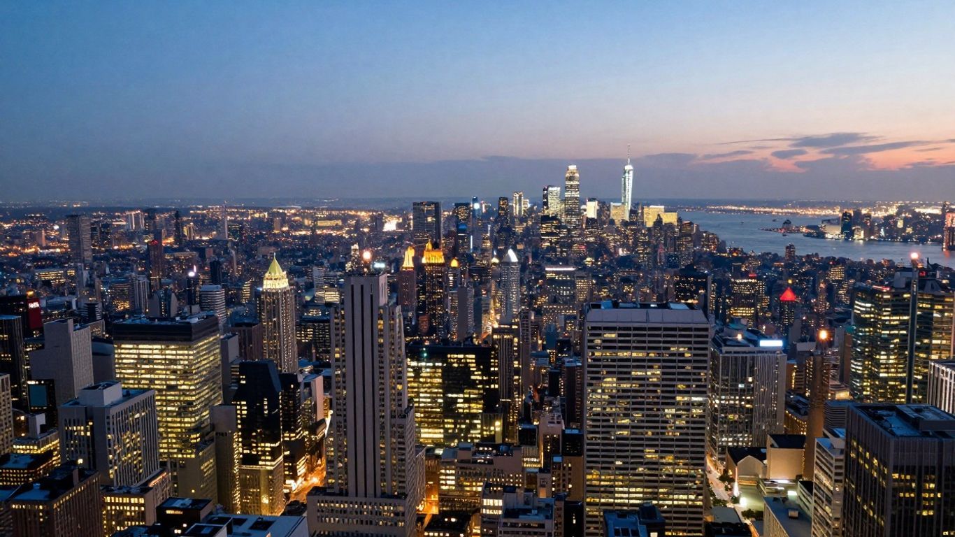 Aerial view of a vast, illuminated cityscape at dusk.