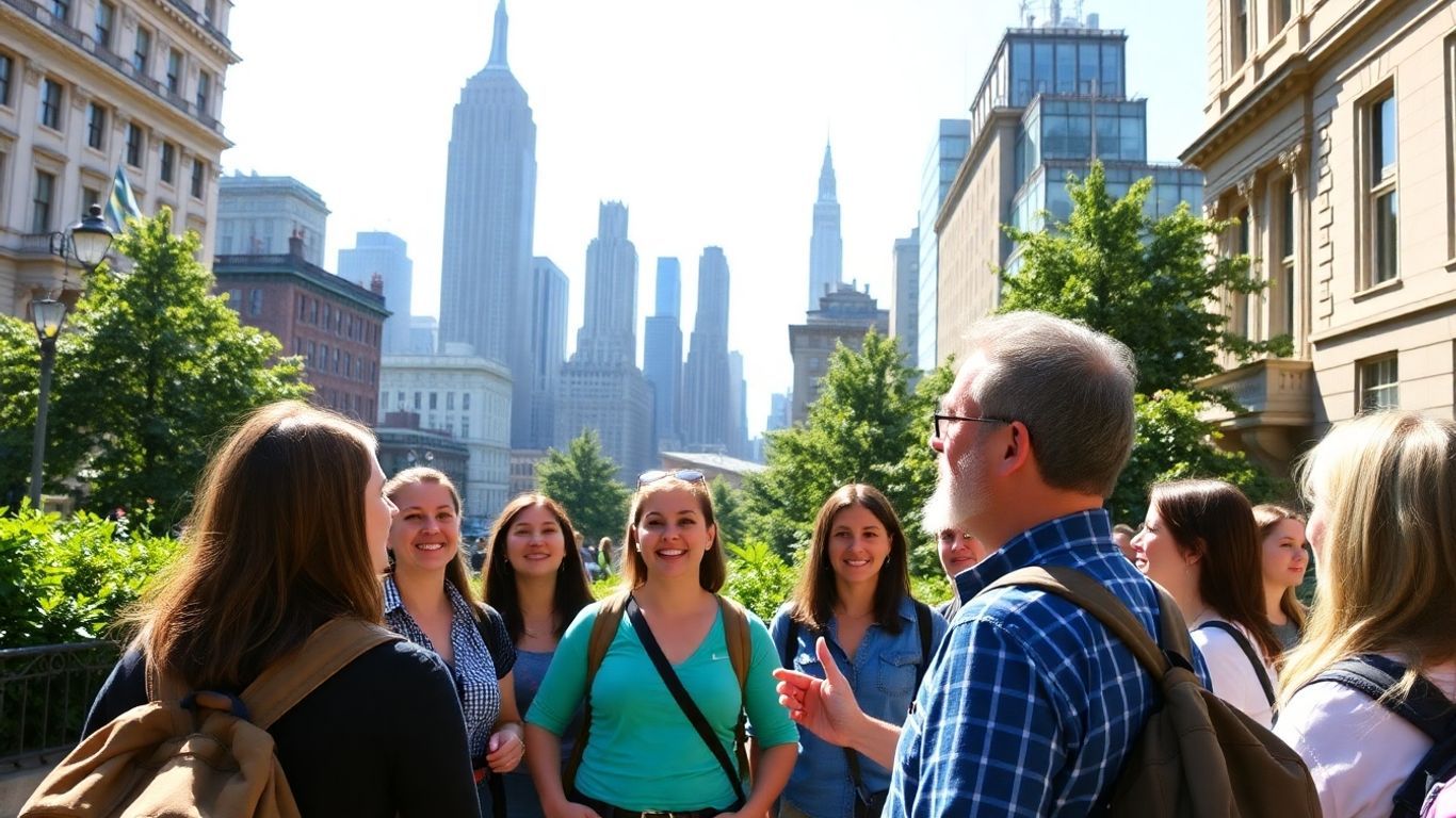 Tourists and guide exploring New York City landmarks.