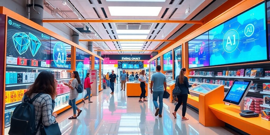 Futuristic retail scene with AI-driven technology and shoppers.
