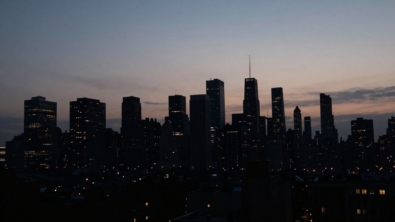 City skyline at dusk with subtle tension.
