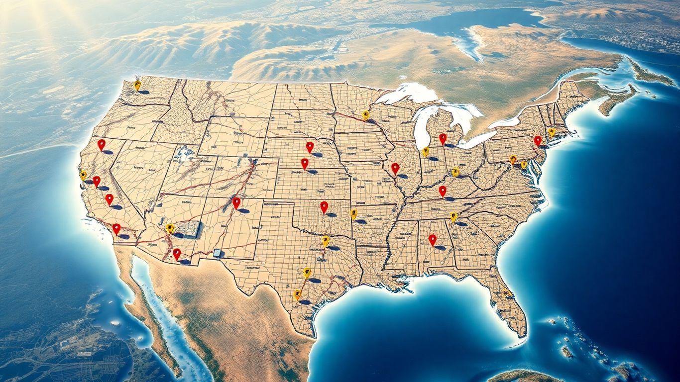 United States map with cities highlighted.
