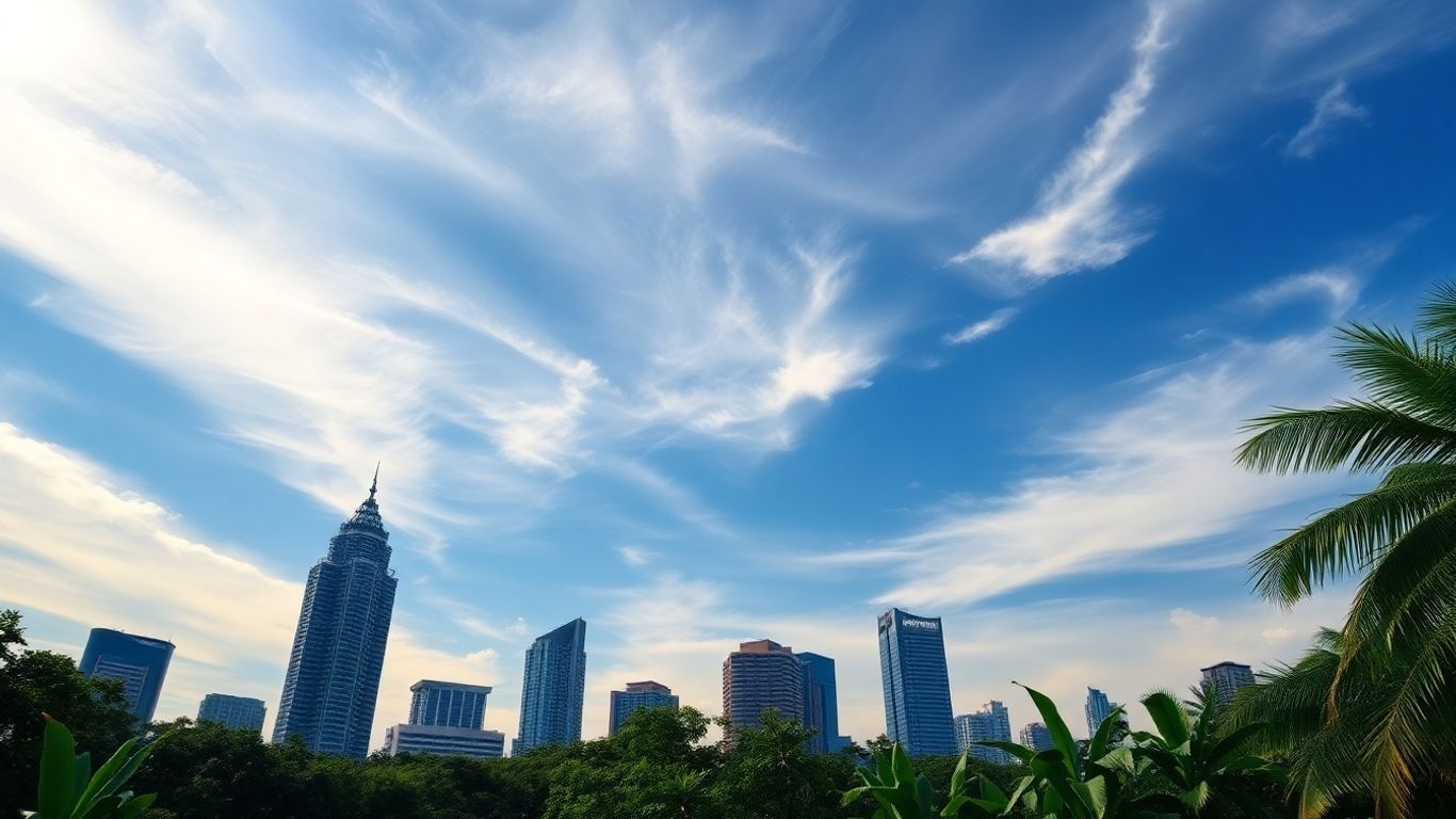 Kuala Lumpur skyline with clouds and tropical foliage.