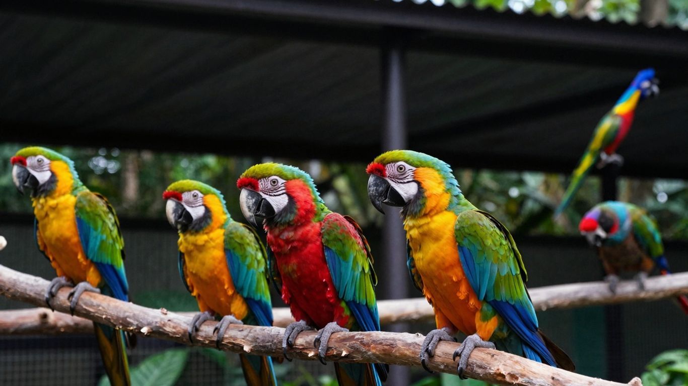Colorful birds in a lush aviary at Kuala Lumpur Bird Park.