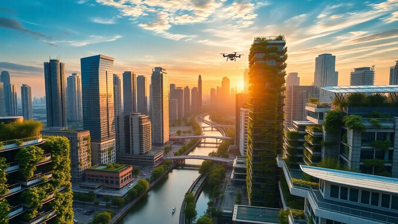 Futuristic sustainable city skyline with green spaces and clean energy.