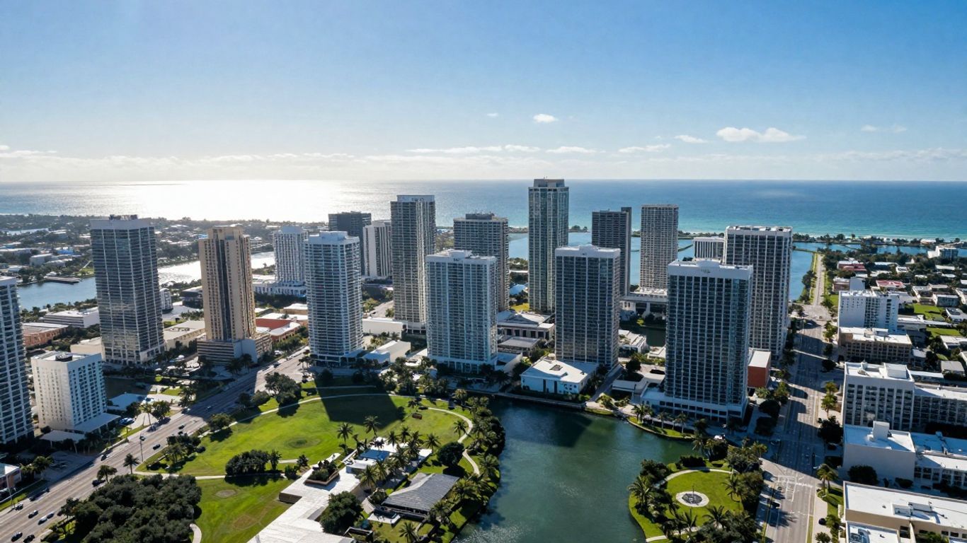 Aerial view of a sunny Florida city with skyscrapers and coastline.