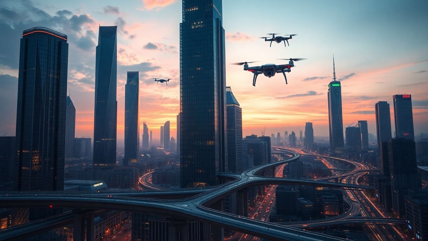 Futuristic cityscape with skyscrapers and transport systems.