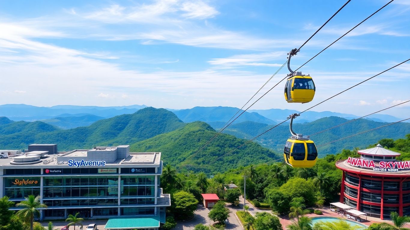 Genting Highlands skyline with cable cars and mountains.