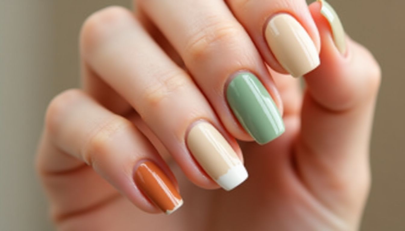 Nails in neutral and earth tones with minimalist design.