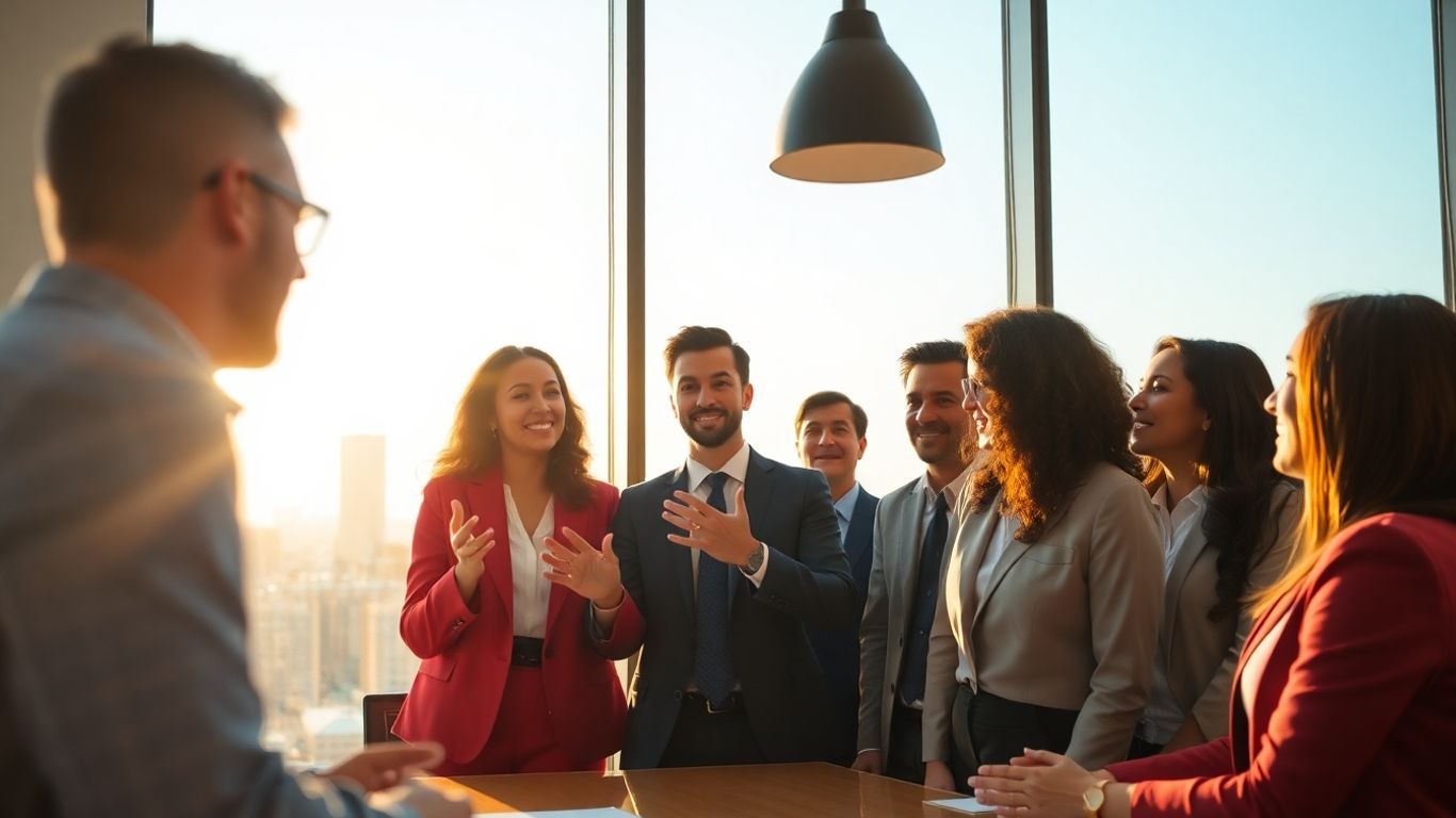 Business professionals collaborating in a modern boardroom.