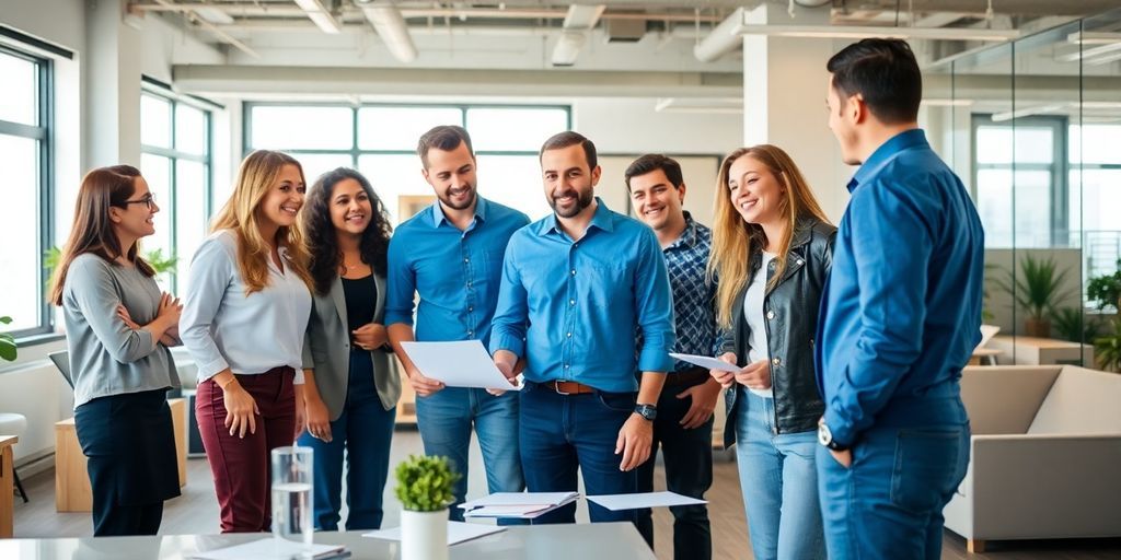 Diverse professionals collaborating in a modern office space.