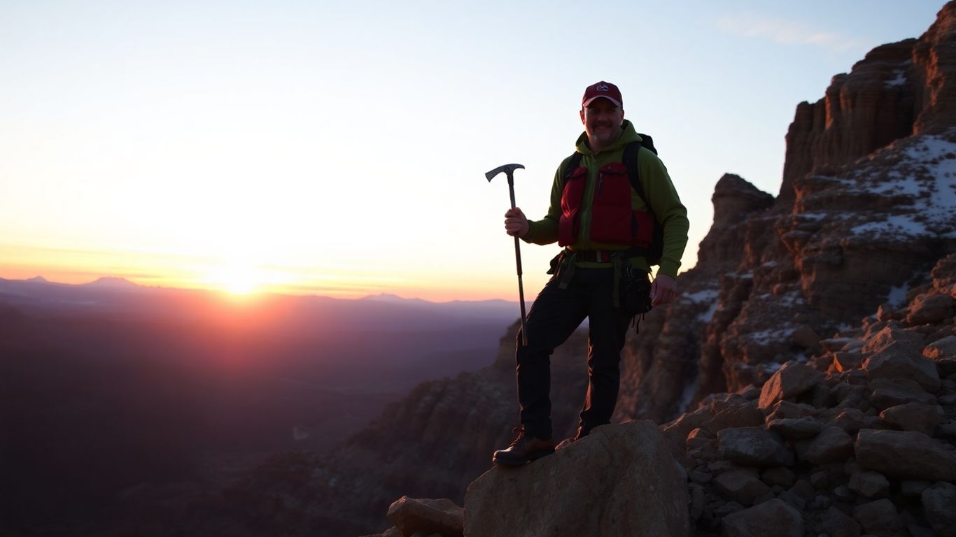 Mountain guide Billy Haas on a rocky peak at sunset.
