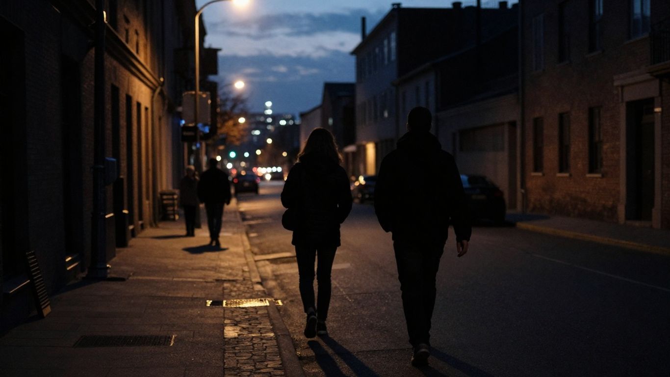 Urban street at dusk with shadowy figures.