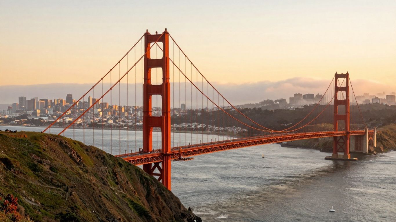 Golden Gate Bridge at sunset with city skyline.