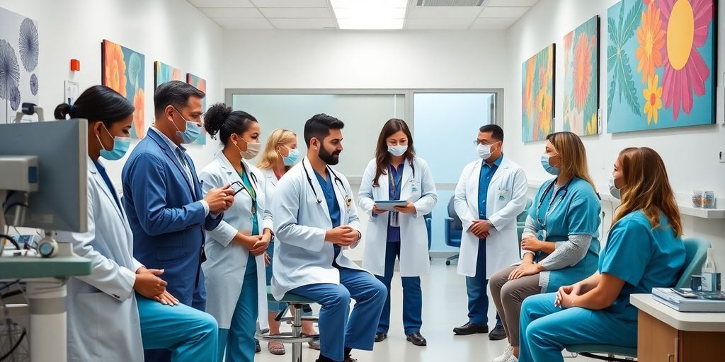 Healthcare professionals engaging with patients in a modern clinic.