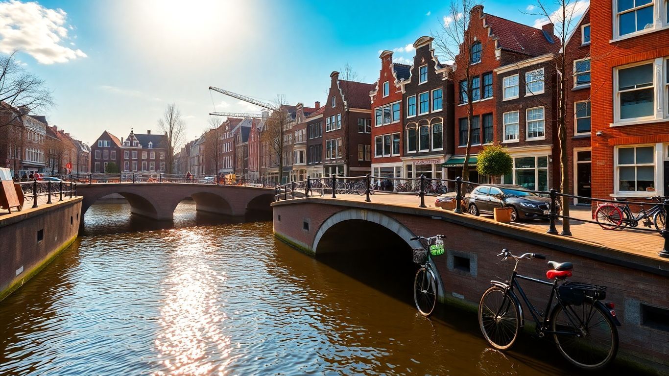 Amsterdam canals with bridges and houses.