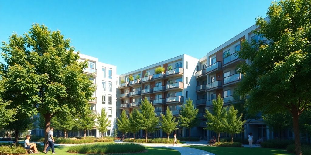 Modern apartment complex with greenery and clear blue sky.