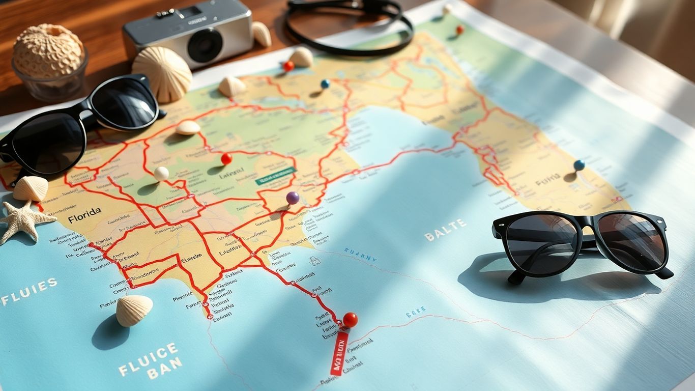 Florida road map with pins, seashells, and camera