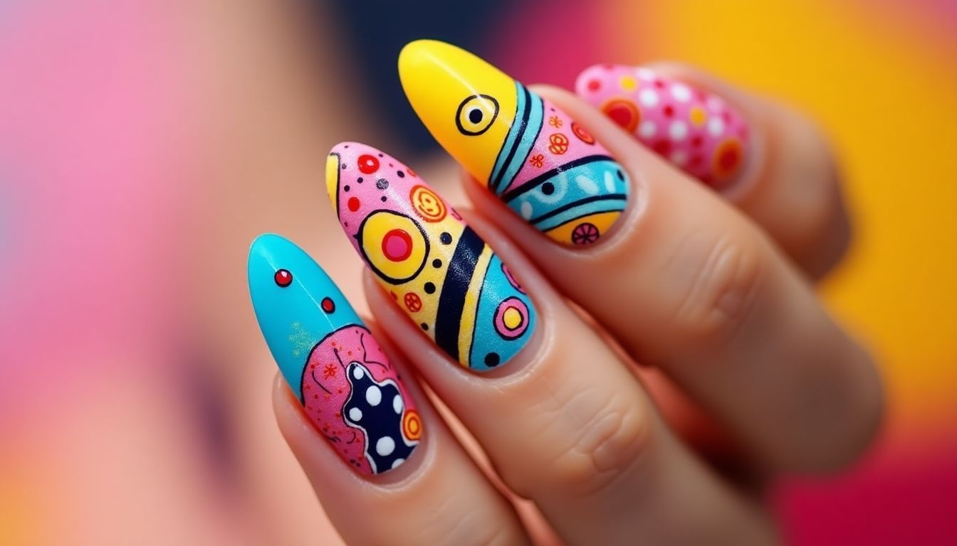 Colorful abstract nail designs with artistic patterns and embellishments.