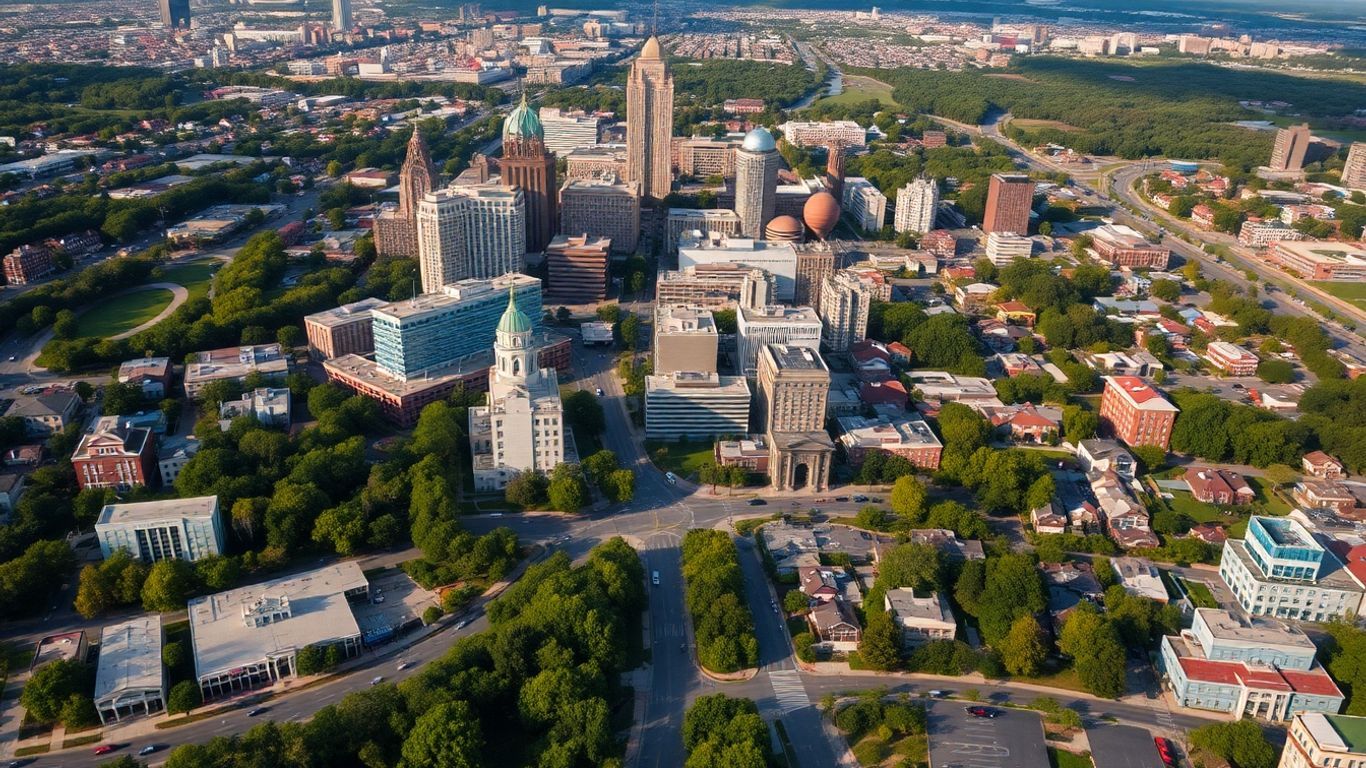 Aerial view of Atlanta cityscape and suburbs.