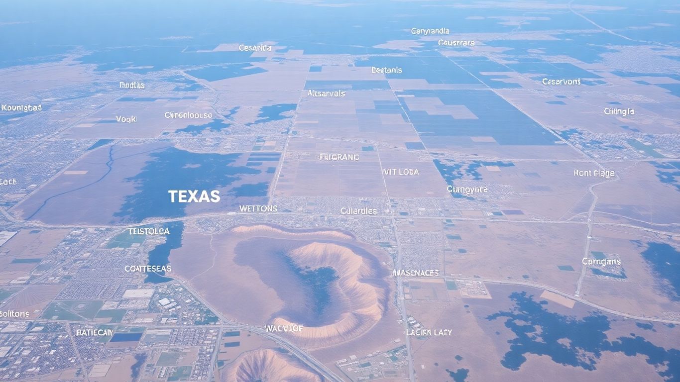 Aerial photo of Texas with cities and diverse landscapes.