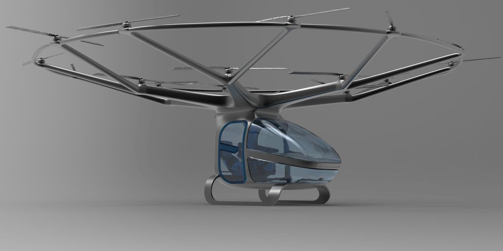 A small blue helicopter is flying in the air