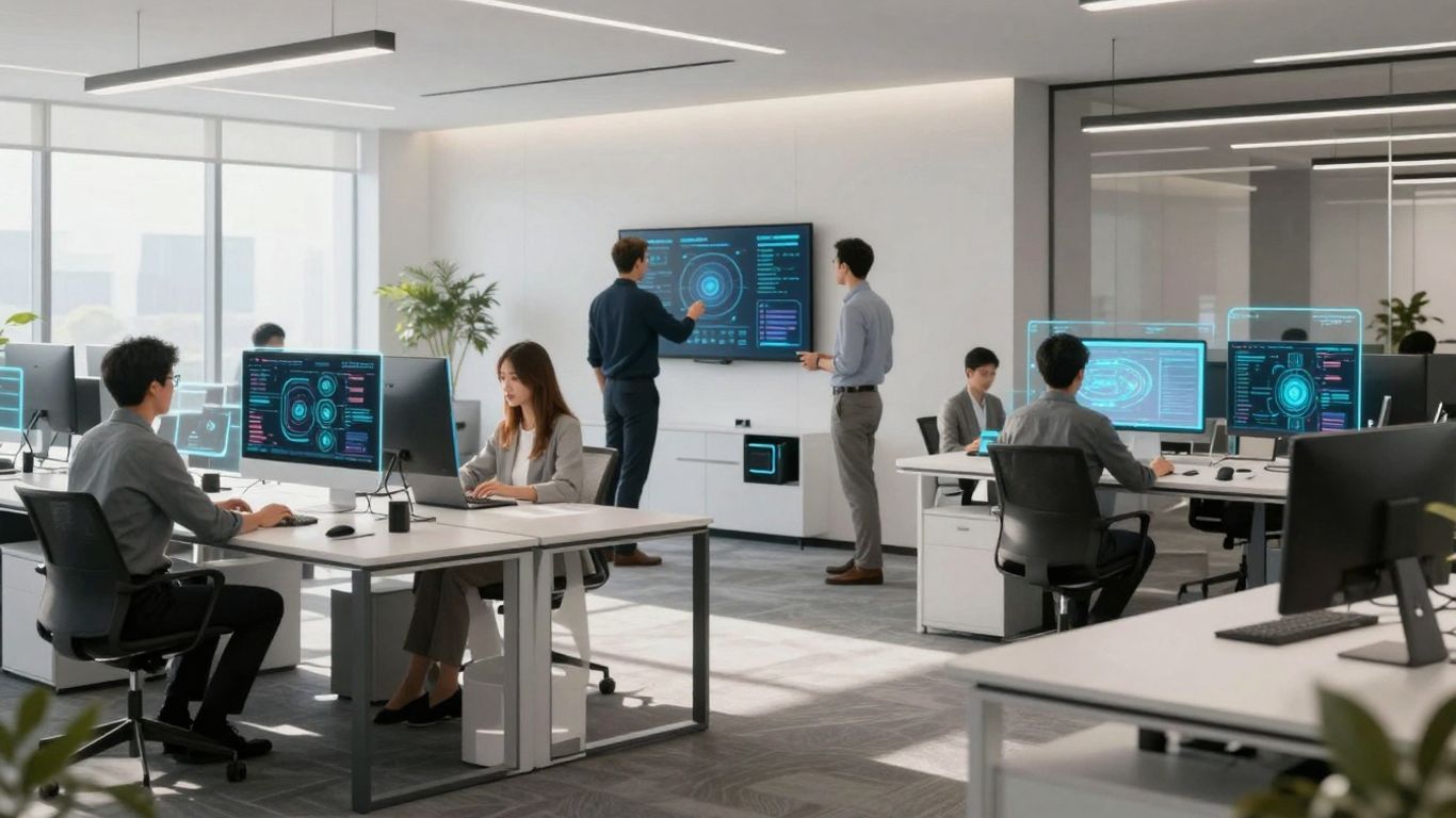 Modern smart technology company office with holographic displays.