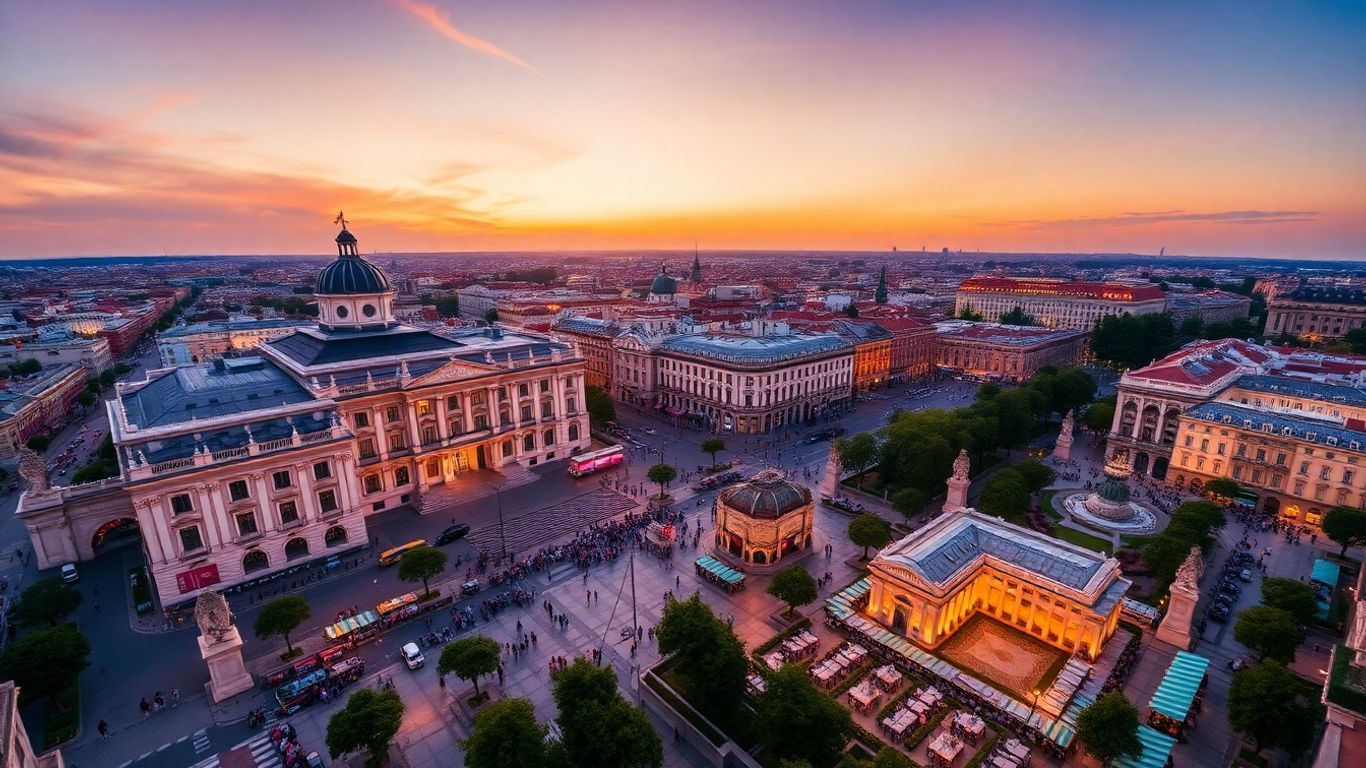 Aerial sunset view of Madrid’s lively city center.