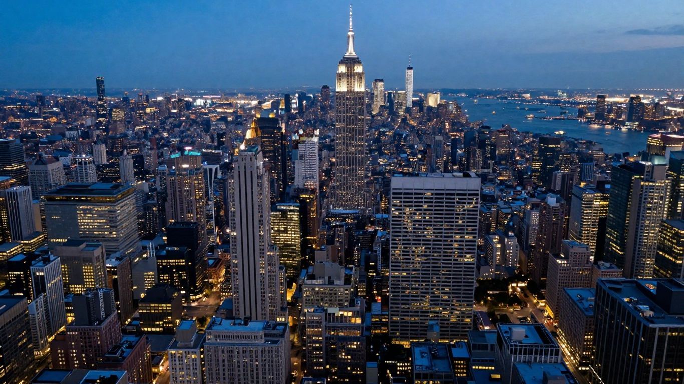 Aerial view of US city skylines and urban sprawl.