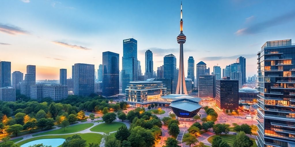 Toronto skyline with modern buildings and green spaces.