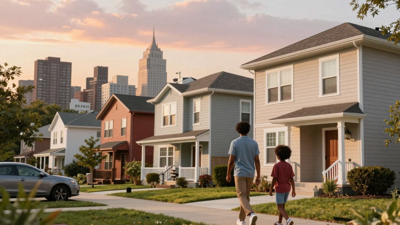 Affordable housing in a US city at sunset.