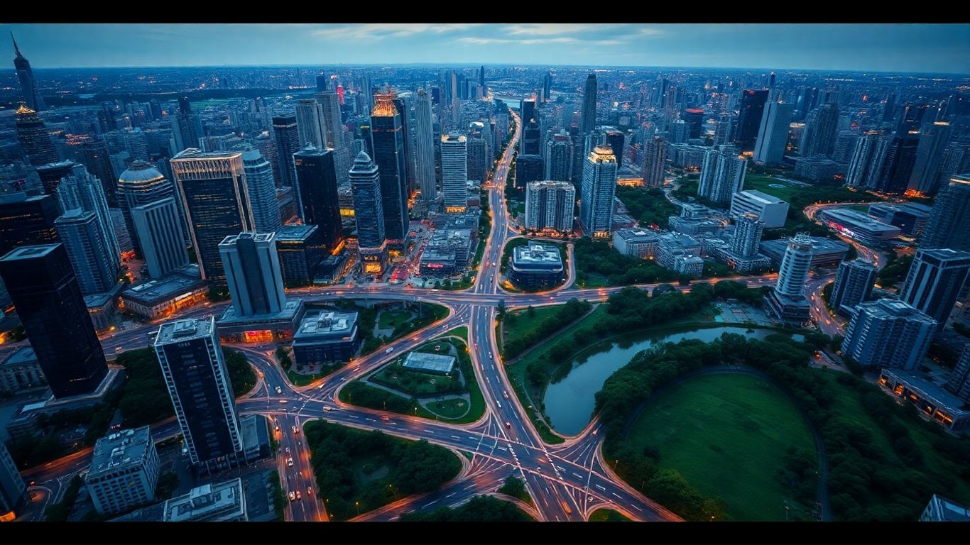 Vibrant cityscape with illuminated skyscrapers and roads at dusk.