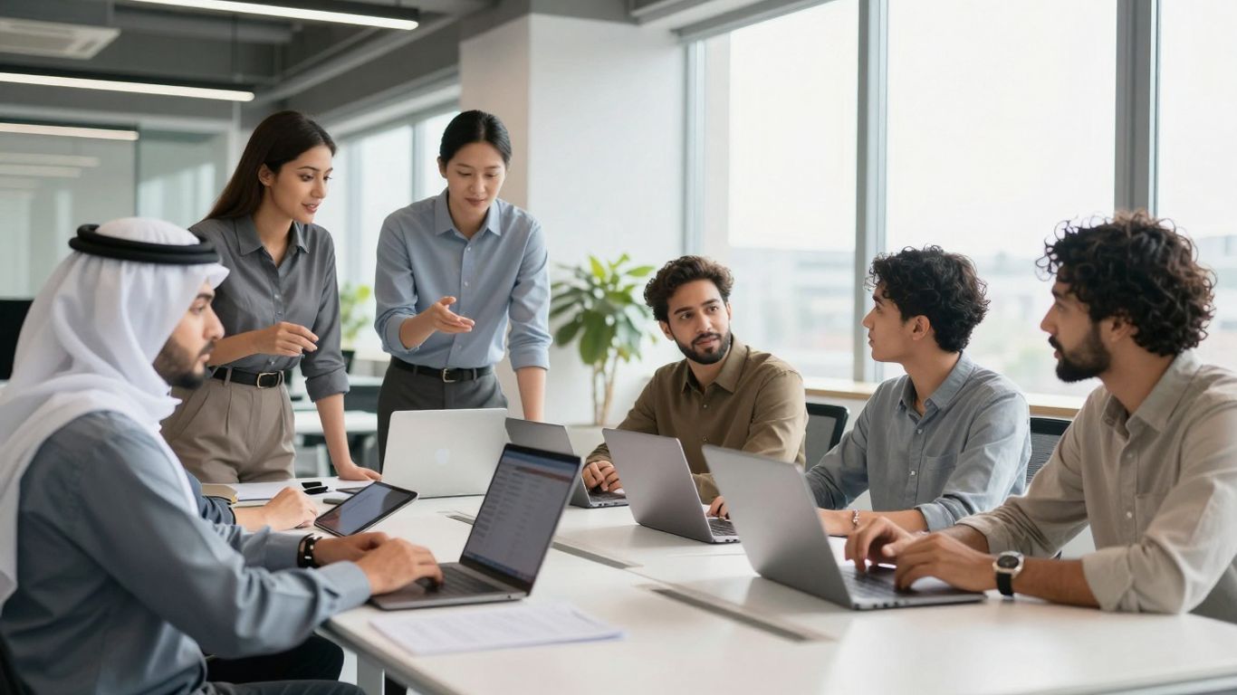 Team collaborating in a modern, bright office space.