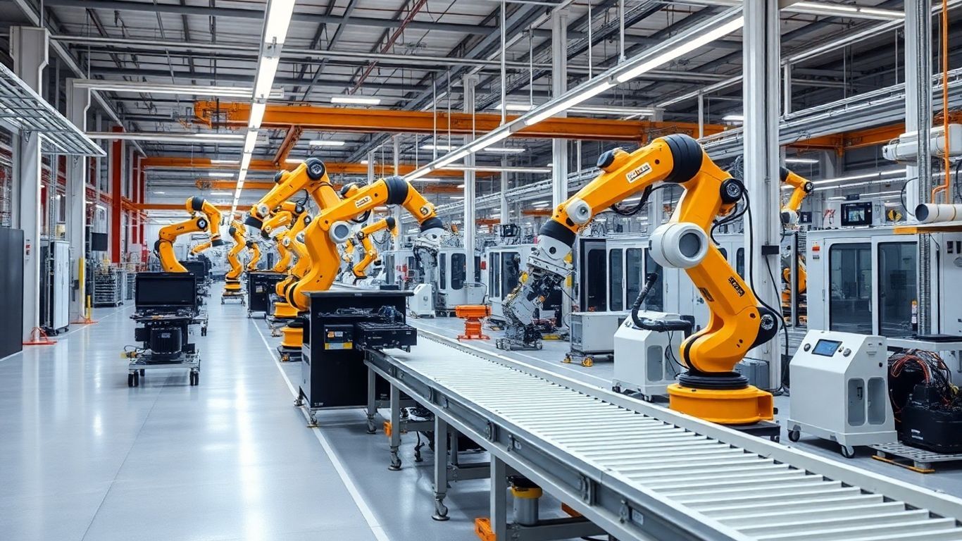Modern factory robotics and humans working together
