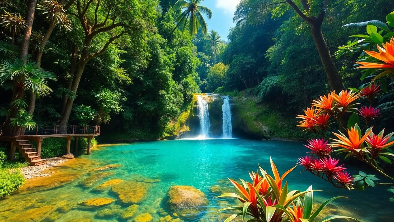 Lush rainforest and waterfall in Pahang, Malaysia.