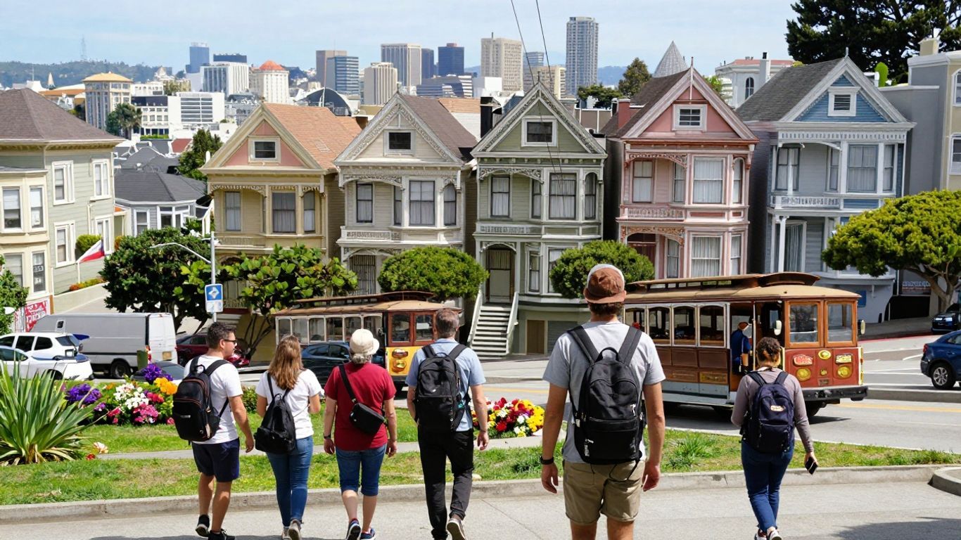 Tourists on a free walking tour in San Francisco.