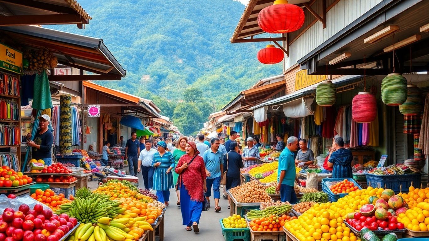 Colorful Malaysian highland market with fruits and crafts.