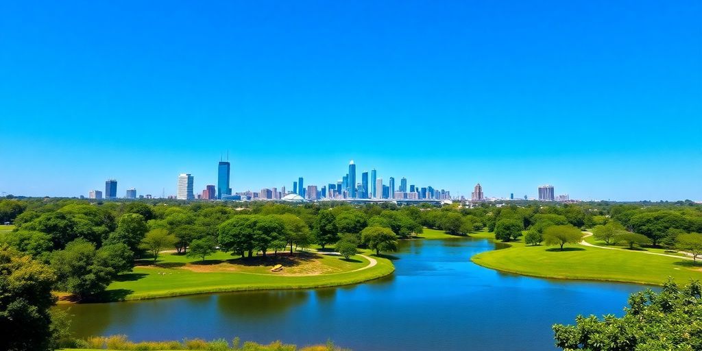 Dallas skyline with green parks and clear blue skies.