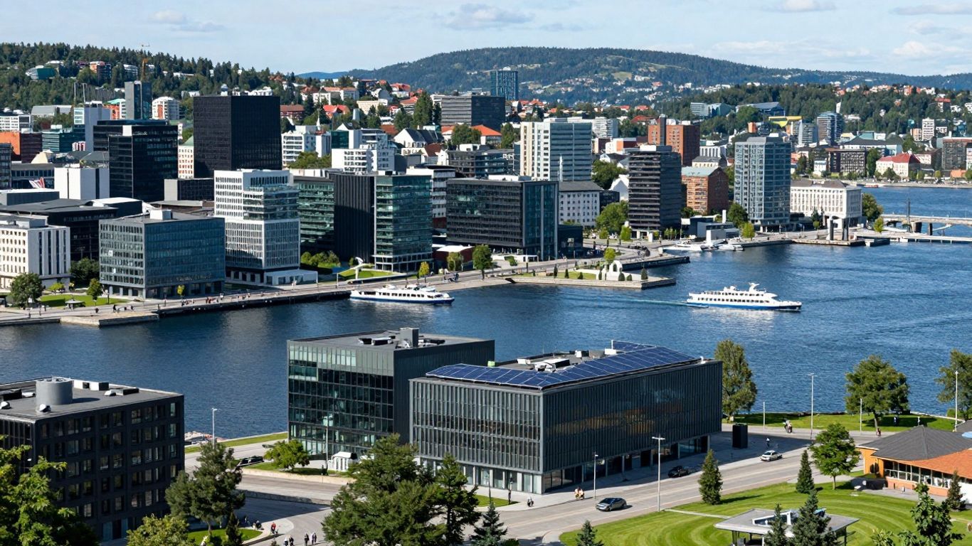 Oslo cityscape with modern architecture and Oslofjord.