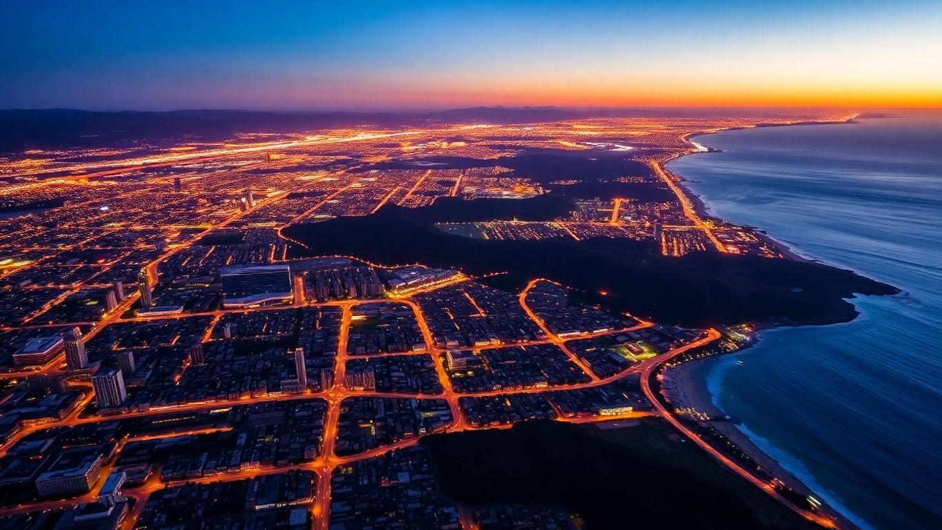 California cities and regions map with urban landscapes.