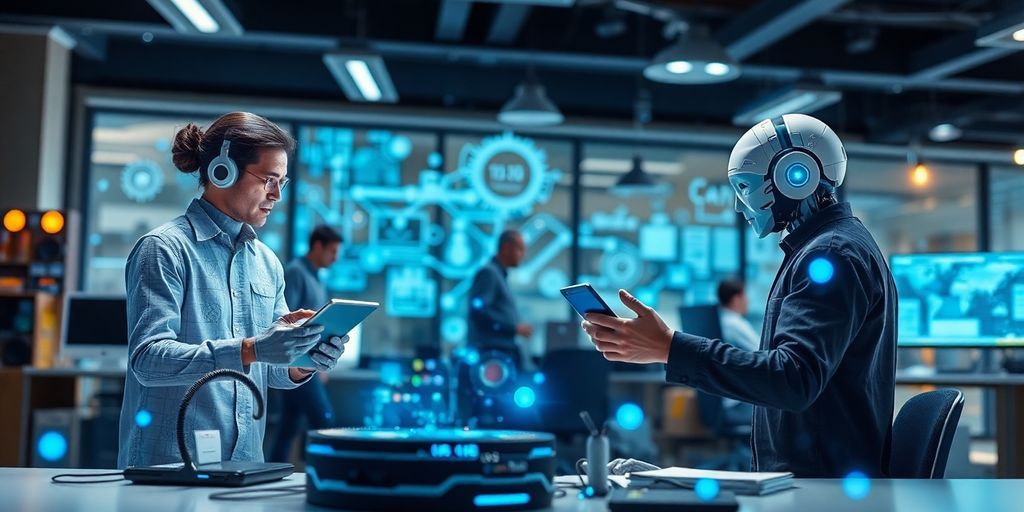 Futuristic workspace with technology and AI in action.