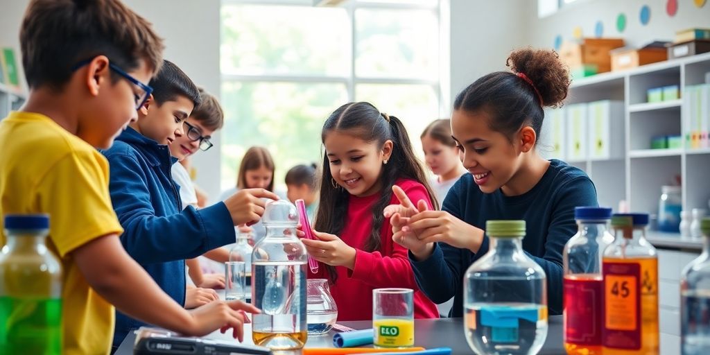 Diverse students engaged in hands-on science experiments in class.